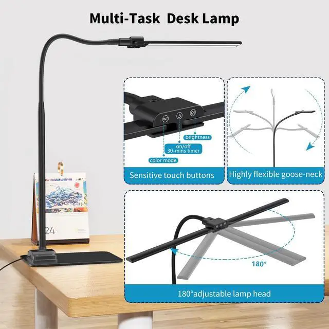 Alt view image 7 of 7 - KableRika Desk Lamp Double Light: Bright Led Desk Lights for Home Office - Eye Care Reading Table Lamps with Base - Dimmable Desktop Lighting for Computer Monitor Study Drafting