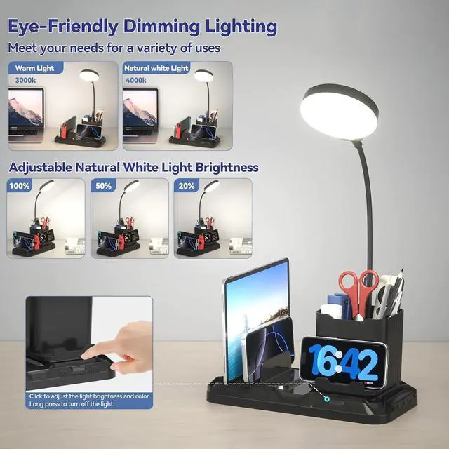 Alt view image 2 of 7 - KDD Desk Lamp with USB A&C Charger Ports | Reading Desktop Light, Pen & Phone Holder, Adjustable Brightness Lights with Device Slots, 360° Gooseneck
