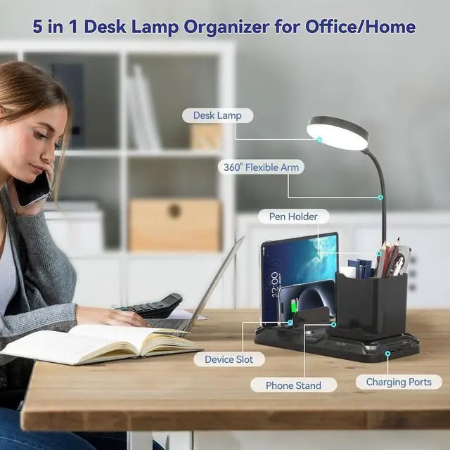 Alt view image 3 of 7 - KDD Desk Lamp with USB A&C Charger Ports | Reading Desktop Light, Pen & Phone Holder, Adjustable Brightness Lights with Device Slots, 360° Gooseneck
