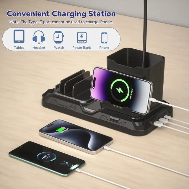 Alt view image 6 of 7 - KDD Desk Lamp with USB A&C Charger Ports | Reading Desktop Light, Pen & Phone Holder, Adjustable Brightness Lights with Device Slots, 360° Gooseneck