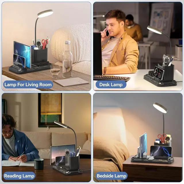 Alt view image 7 of 7 - KDD Desk Lamp with USB A&C Charger Ports | Reading Desktop Light, Pen & Phone Holder, Adjustable Brightness Lights with Device Slots, 360° Gooseneck