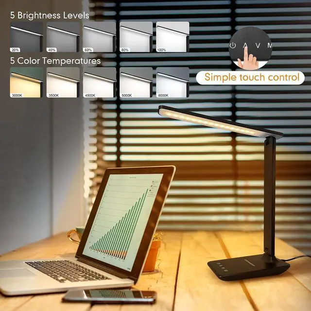 Alt view image 4 of 7 - White crown LED Desk Lamp with 15W Wireless Charger & USB Port, Dimmable Table Lamp with 5 Lighting Modes, Sensitive Touch Control, Foldable & Portable Desk Light for Home, Office, Bedroom, Reading