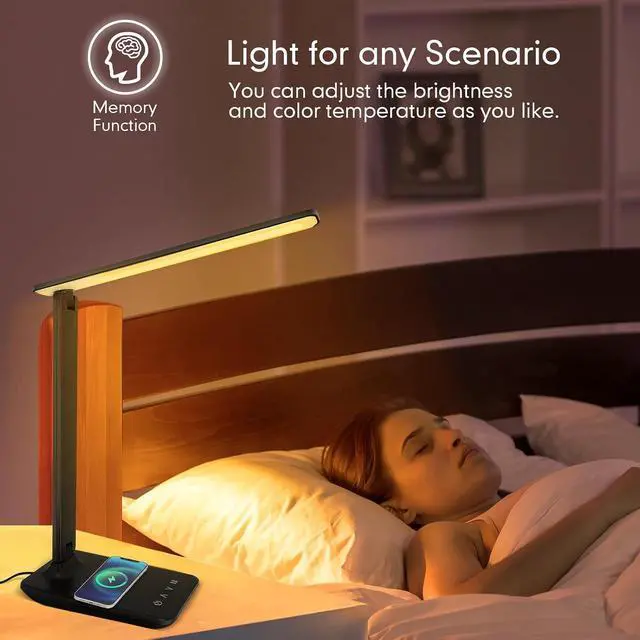 Alt view image 5 of 7 - White crown LED Desk Lamp with 15W Wireless Charger & USB Port, Dimmable Table Lamp with 5 Lighting Modes, Sensitive Touch Control, Foldable & Portable Desk Light for Home, Office, Bedroom, Reading
