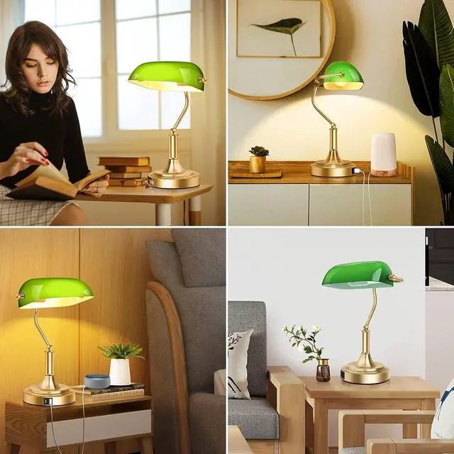 Alt view image 7 of 7 - Bankers Lamp with 2 USB Ports, Touch Control Green Glass Desk Lamp with Brass Base, 3-Way Dimmable Vintage Desk Lamp for Home Office Workplace Nightstand Bedroom Library Piano, LED Bulb Included
