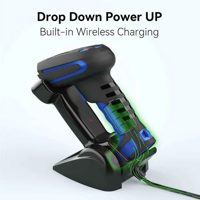 Alt view image 4 of 7 - Alacrity Upgraded 2D Industrial Barcode Scanner with Wireless Charging Stand, 1968 Feet Transmission Distance 433Mhz Wireless & Bluetooth 2in1 Barcode Reader, Shock Dust Proof Hands Free, Blue