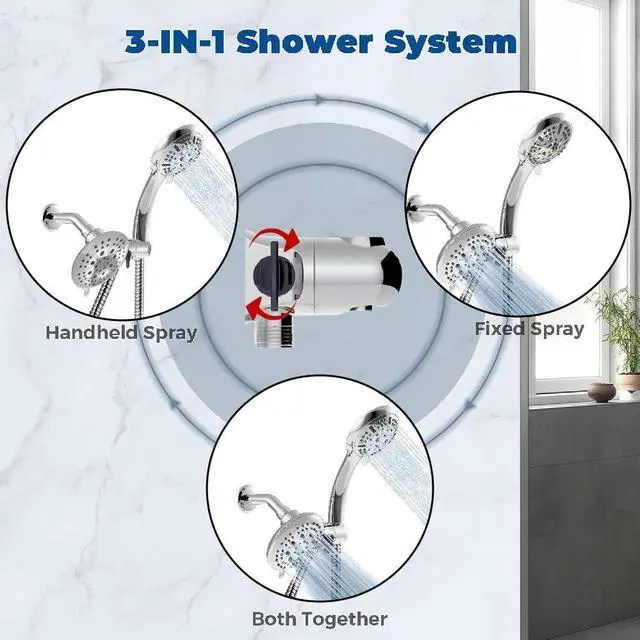 Alt view image 4 of 7 - High Pressure 3-Way Shower Head Combo Dual Shower Head with Stainless Steel Hose Enjoy Luxurious 6-setting Rain Shower Head & 9-Setting Hand Held Shower Separately or Together