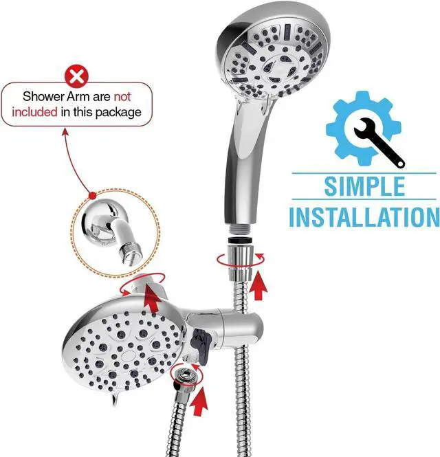 Alt view image 7 of 7 - High Pressure 3-Way Shower Head Combo Dual Shower Head with Stainless Steel Hose Enjoy Luxurious 6-setting Rain Shower Head & 9-Setting Hand Held Shower Separately or Together