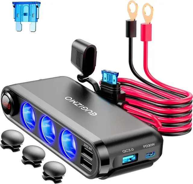 Main image of 12V Car Cigarette Lighter Socket, 200W 3 Socke t Cigarette Lighter Plug Splitter Car Charger Adapter 12 Volt Socket Power Outlet Auxiliary with Eyelet Terminal (Red)