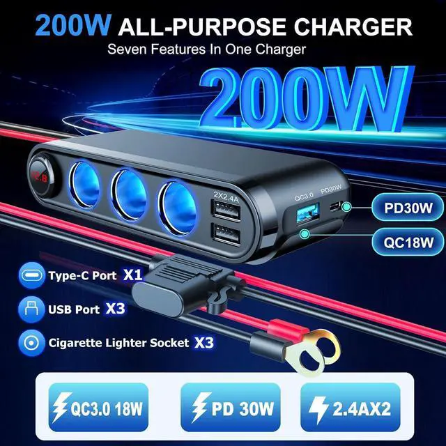 Alt view image 3 of 6 - 12V Car Cigarette Lighter Socket, 200W 3 Socke t Cigarette Lighter Plug Splitter Car Charger Adapter 12 Volt Socket Power Outlet Auxiliary with Eyelet Terminal (Red)