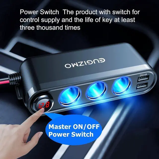 Alt view image 4 of 6 - 12V Car Cigarette Lighter Socket, 200W 3 Socke t Cigarette Lighter Plug Splitter Car Charger Adapter 12 Volt Socket Power Outlet Auxiliary with Eyelet Terminal (Red)