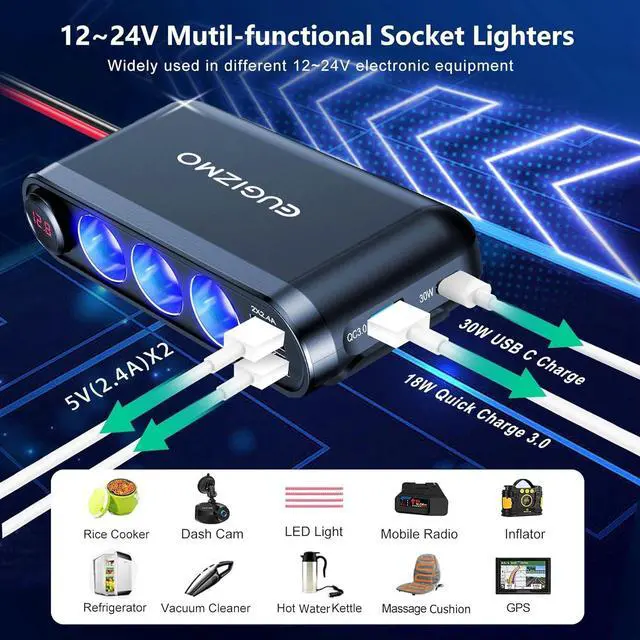 Alt view image 5 of 6 - 12V Car Cigarette Lighter Socket, 200W 3 Socke t Cigarette Lighter Plug Splitter Car Charger Adapter 12 Volt Socket Power Outlet Auxiliary with Eyelet Terminal (Red)