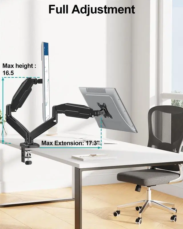 Alt view image 6 of 7 - MOUNT PRO Dual Monitor Mount Fits 13 to 32 Inch Computer Screen, Height Adjustable Monitor Stand for 2 Monitors, Gas Spring Display Arm Holds up to 17.6lbs Each, Monitor Desk VESA Mount 75x75, 100x100