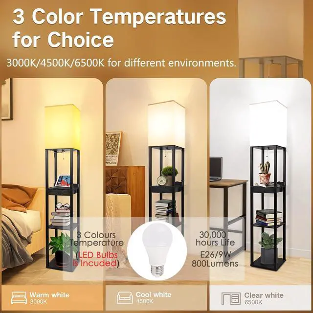 Alt view image 2 of 6 - Shelf Floor Lamps for Living Room,Tall Standing Lamp with Shelves and Drawer,2 USB Charging Ports & 2 Power Outlet,Bright 3CCT LED Bulb Included - Black