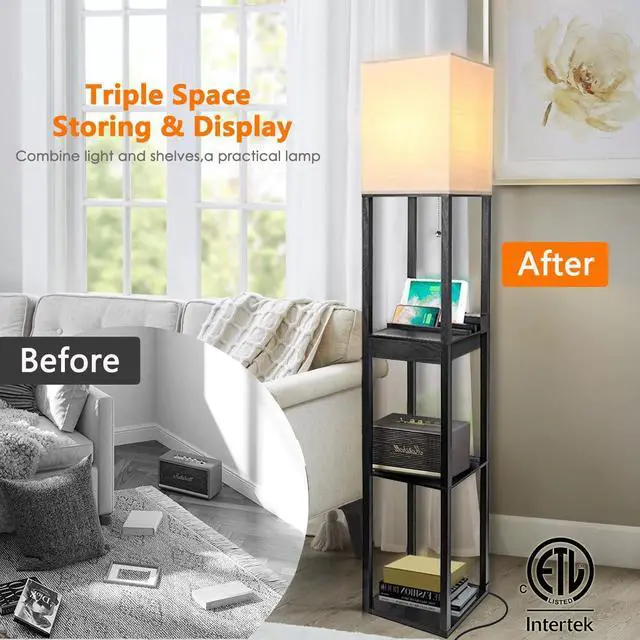 Alt view image 4 of 6 - Shelf Floor Lamps for Living Room,Tall Standing Lamp with Shelves and Drawer,2 USB Charging Ports & 2 Power Outlet,Bright 3CCT LED Bulb Included - Black