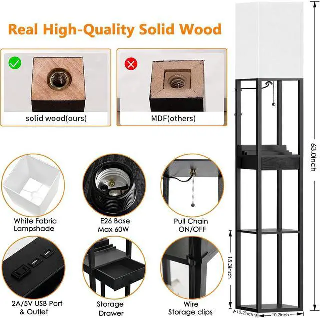 Alt view image 6 of 6 - Shelf Floor Lamps for Living Room,Tall Standing Lamp with Shelves and Drawer,2 USB Charging Ports & 2 Power Outlet,Bright 3CCT LED Bulb Included - Black