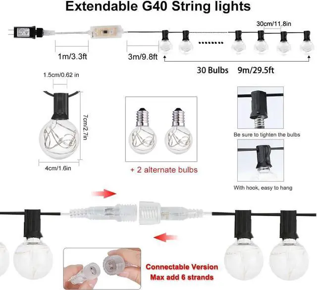 Alt view image 5 of 7 - 30FT LED Outdoor String Lights, G40 Globe Patio Lights with 24 Colors Color Changing and 128 Modes, Dimmable Waterproof Connectable Outdoor Light for Outside Backyard Porch Balcony Party Decoration