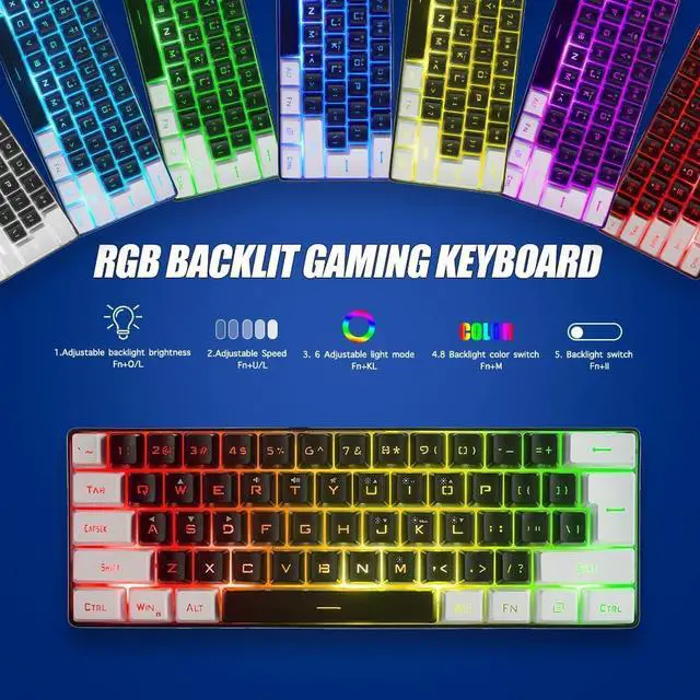 Alt view image 2 of 6 - abucow Gaming Keyboard Minimalist Portable Wired Ultra-Compact Mini Imitation 61 Keys RGB Backlit Keyboard (Black-White)