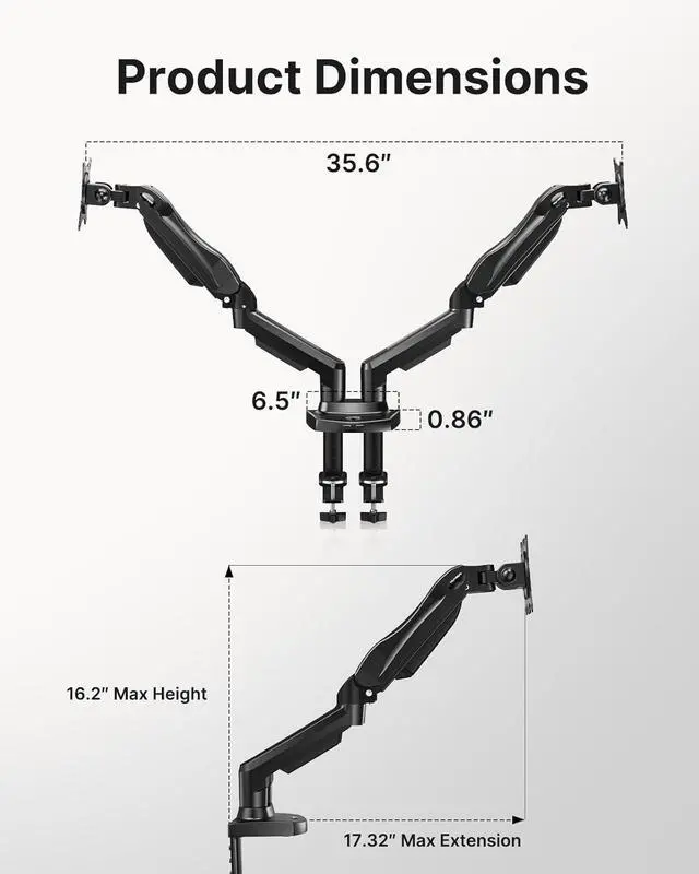 Alt view image 5 of 7 - HUANUO Dual Monitor Stand - Full Adjustable Monitor Desk Mount Swivel Vesa Bracket with C Clamp, Grommet Mounting Base for 13 to 32 Inch Computer Screens - Each Arm Holds 4.4 to 19.8lbs