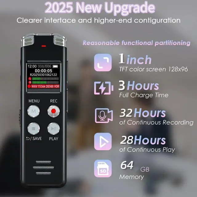 Alt view image 4 of 6 - 64GB Digital Voice Recorder with Playback: Voice Activated Recorders for Lectures Meetings Interviews - EVISTR Dictaphone Recording Device Tape Recorder Portable Mini, Audio Recorder with USB, MP3