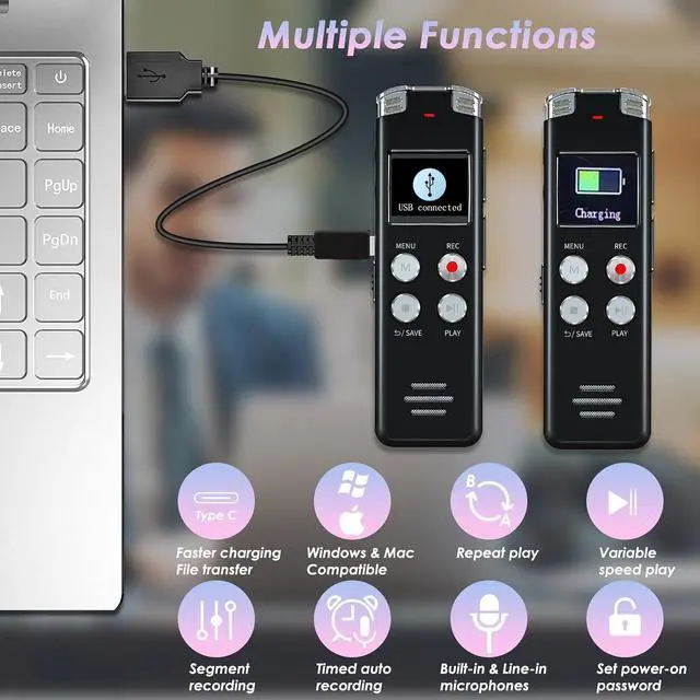 Alt view image 6 of 6 - 64GB Digital Voice Recorder with Playback: Voice Activated Recorders for Lectures Meetings Interviews - EVISTR Dictaphone Recording Device Tape Recorder Portable Mini, Audio Recorder with USB, MP3