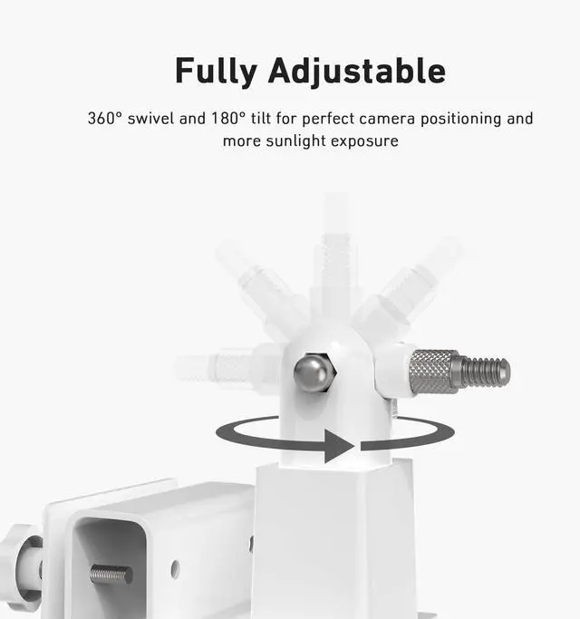 Alt view image 4 of 7 - Holicfun 2-in-1 Gutter Mount for Outdoor Camera and Solar Panel - No-Drill Mounting Bracket, 360° Adjustable, Compatible with Ring, Arlo, Eufy, Wyze, Tapo Security Cameras & Solar Panels - White