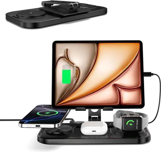 Main image of 4 in 1 Wireless Charging Station with Stand for iPhone 16/15/14, Apple Watch 10/9/8, AirPods Pro 2 | Foldable Travel Charger | Nightstand Design (Black)