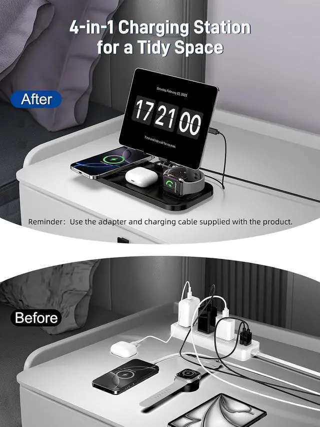 Alt view image 5 of 7 - 4 in 1 Wireless Charging Station with Stand for iPhone 16/15/14, Apple Watch 10/9/8, AirPods Pro 2 | Foldable Travel Charger | Nightstand Design (Black)