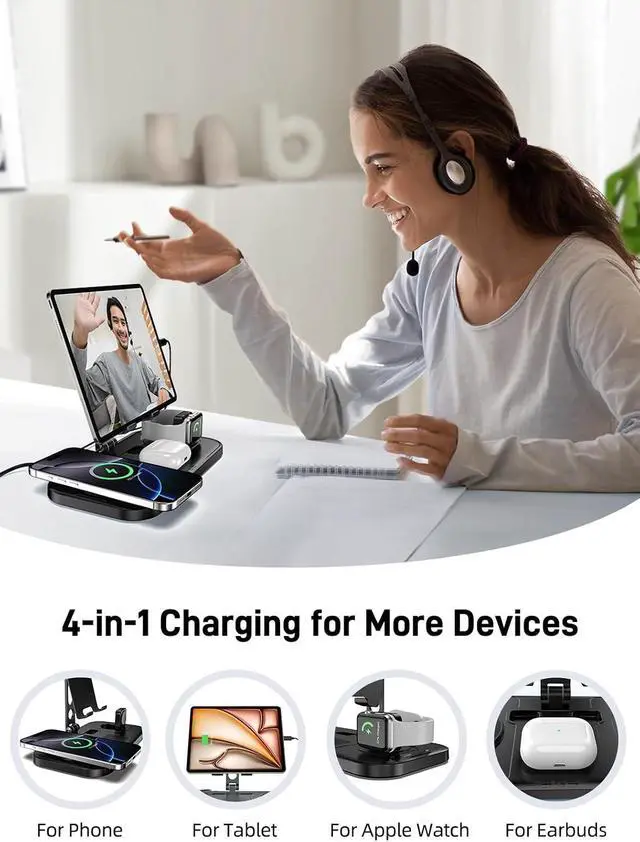Alt view image 7 of 7 - 4 in 1 Wireless Charging Station with Stand for iPhone 16/15/14, Apple Watch 10/9/8, AirPods Pro 2 | Foldable Travel Charger | Nightstand Design (Black)