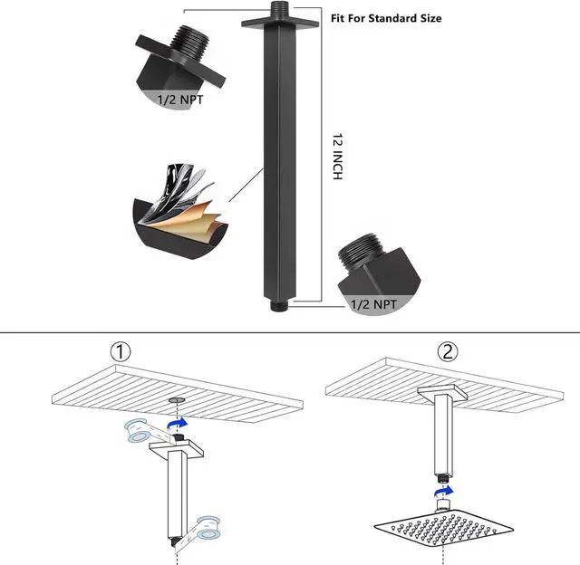 Alt view image 3 of 7 - NearMoon Rain Shower Head With Shower Arm, Ceiling Mount Square Shower, Stainless Steel Ceiling Rainfall Showerhead- Waterfall Full Body Coverage (8 Inch, Matte Black)