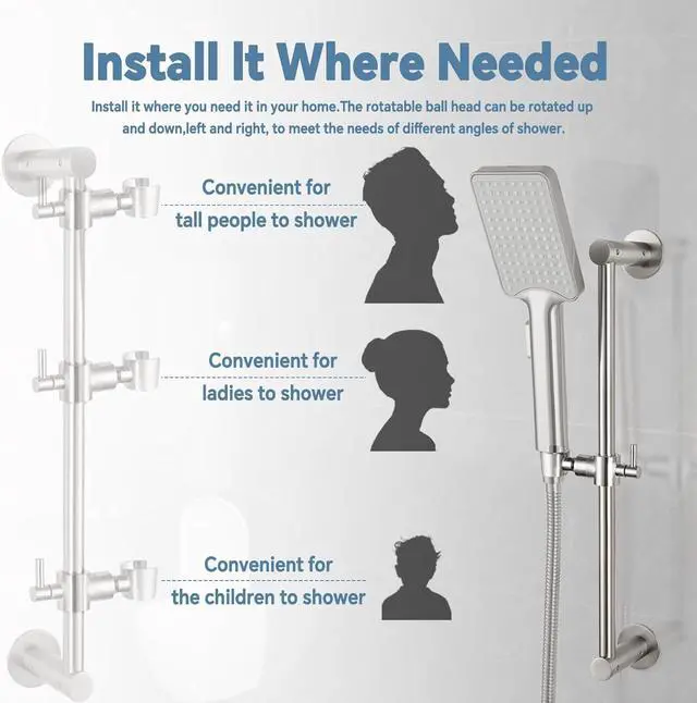 Alt view image 3 of 7 - Shower Slide Bar Adjustable Handheld Shower Head Holder Wall Mount - 15inch All-Metal Shower Head Slide Bar Compatible with Bathroom Drill Free Glue Installation - Brushed