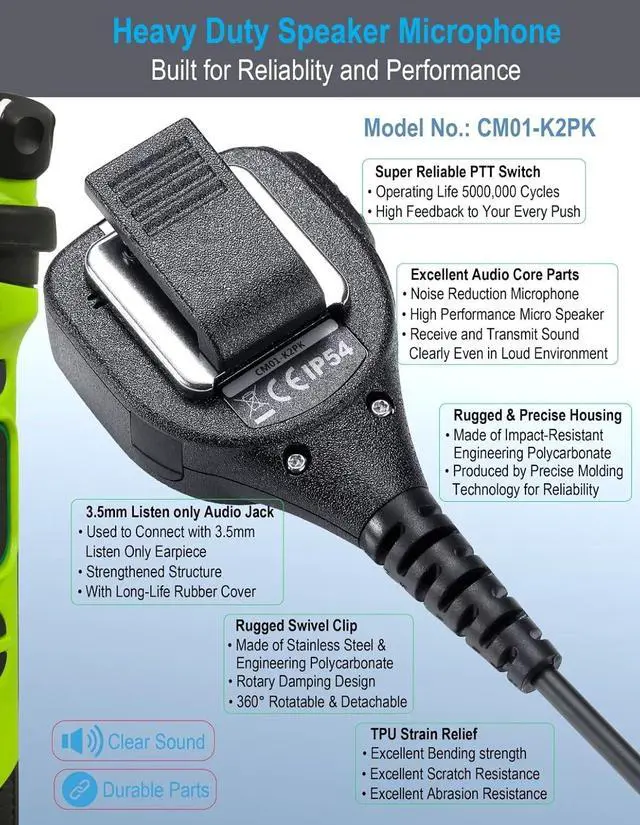 Alt view image 2 of 6 - commountain Speaker Mic Compatible with Kenwood Radios NX-1200 NX-1300 (P1300 3320 P1300NUK P1302AUK TH-D74A TK-3170 TK-3402 (2170 2312 3312 3360) KMC-45D KMC-21, 2 Pin Shoulder Microphone