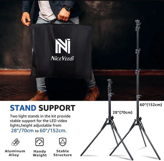 Alt view image 7 of 7 - 2-Pack LED Video Light Kit, NiceVeedi Studio Light, 2800-6500K Dimmable Photography Lighting Kit with Tripod Stand&Phone Holder, 73" Stream Light for Video Recording, Game Streaming, YouTube