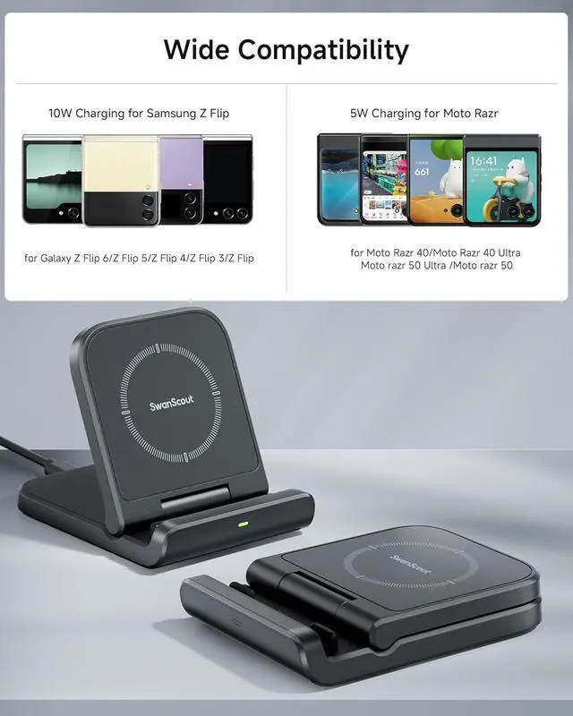 Alt view image 2 of 7 - Wireless Charger for Samsung Z Flip 6, SwanScout 501S, Foldable Fast Wireless Charging Stand for Galaxy Z Flip 6/5/4/3, Charging Station for Samsung Z Flip Series/Razr+(No Adapter)