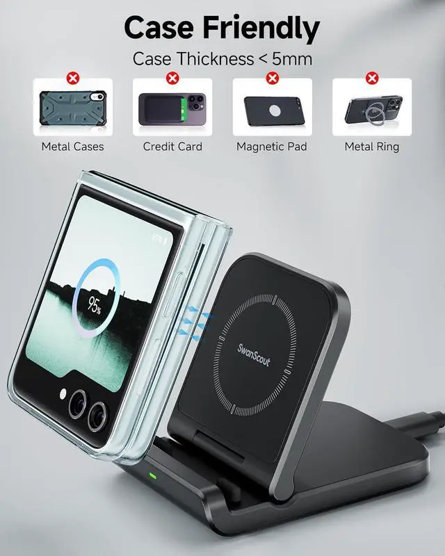 Alt view image 6 of 7 - Wireless Charger for Samsung Z Flip 6, SwanScout 501S, Foldable Fast Wireless Charging Stand for Galaxy Z Flip 6/5/4/3, Charging Station for Samsung Z Flip Series/Razr+(No Adapter)