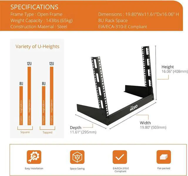 Alt view image 2 of 6 - Tecmojo 2 Post 8U Desktop Server Rack Small Open Frame Rack for 19in AV/Data/Audio/Studio Equipment Free Standing Home/Office Rack,Square Hole