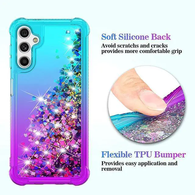 Alt view image 3 of 7 - for Galaxy A14 5G Case,with HD Screen Protector,Gradient Quicksand Glitter Liquid Floating Cute Phone Case for Samsung A14 5G (Teal/Purple)