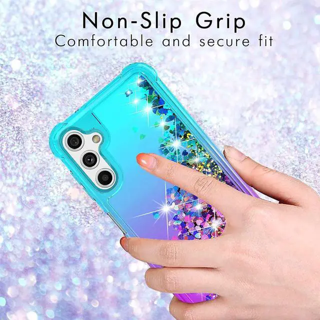Alt view image 4 of 7 - for Galaxy A14 5G Case,with HD Screen Protector,Gradient Quicksand Glitter Liquid Floating Cute Phone Case for Samsung A14 5G (Teal/Purple)