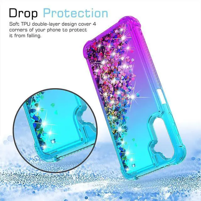 Alt view image 5 of 7 - for Galaxy A14 5G Case,with HD Screen Protector,Gradient Quicksand Glitter Liquid Floating Cute Phone Case for Samsung A14 5G (Teal/Purple)