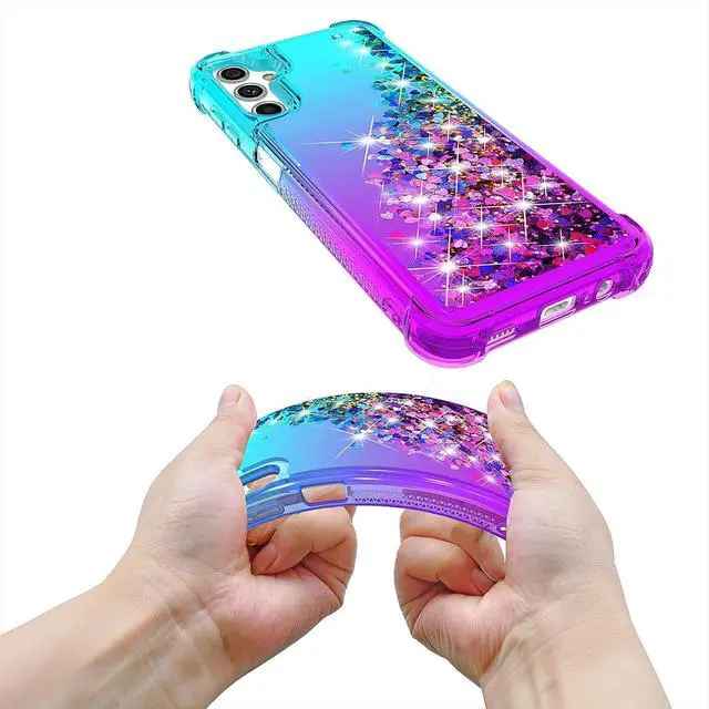 Alt view image 7 of 7 - for Galaxy A14 5G Case,with HD Screen Protector,Gradient Quicksand Glitter Liquid Floating Cute Phone Case for Samsung A14 5G (Teal/Purple)