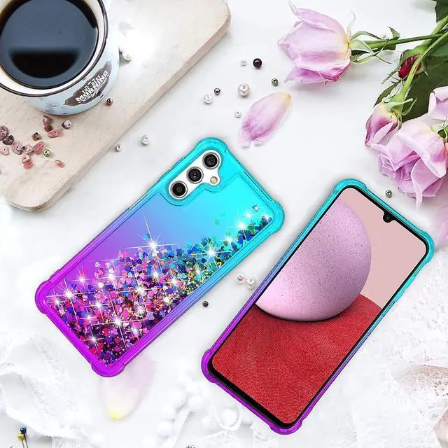 Alt view image 6 of 7 - for Galaxy A14 5G Case,with HD Screen Protector,Gradient Quicksand Glitter Liquid Floating Cute Phone Case for Samsung A14 5G (Teal/Purple)
