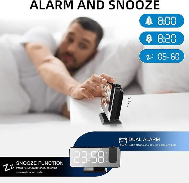 Alt view image 7 of 7 - Projection Alarm Clock for Bedrooms Ceiling, Digital Clock Radio with USB Charger Port, Temperature & Humidity Display, 7.3 Large LED Display,12/24H,Snooze,Dual Loud Clock- 4 Dimmer