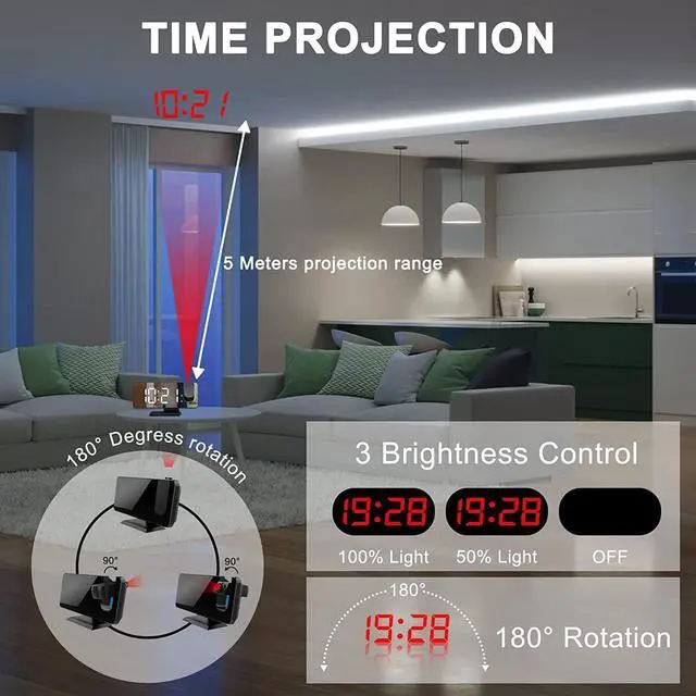 Alt view image 4 of 7 - Projection Alarm Clock for Bedrooms Ceiling, Digital Clock Radio with USB Charger Port, Temperature & Humidity Display, 7.3 Large LED Display,12/24H,Snooze,Dual Loud Clock- 4 Dimmer