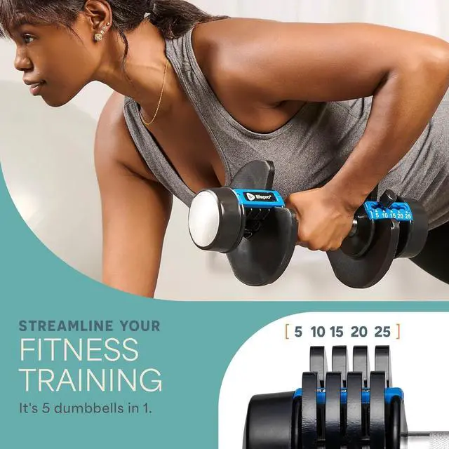 Alt view image 2 of 7 - Lifepro Adjustable Dumbbells Set - 5in1-15lb 25lb 43lb weights Set & Single with Rack - Quick Adjust, Secure Grip - Compact Hand Weights for Men Women Home Gym