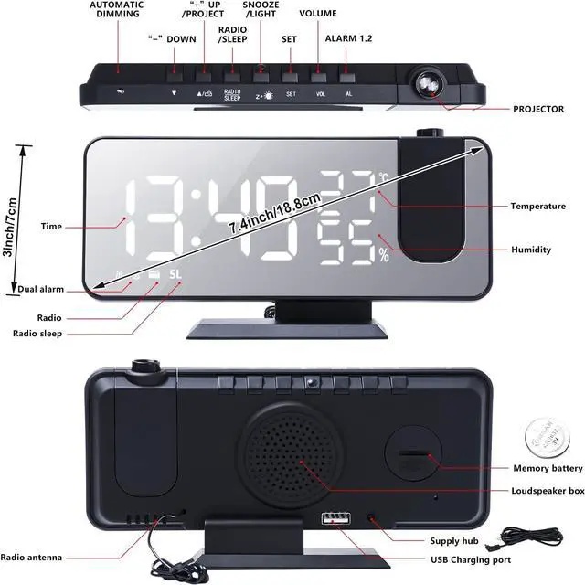 Alt view image 5 of 7 - Projection Alarm Clock for Bedrooms Ceiling, Digital Clock Radio with USB Charger Port, Temperature & Humidity Display, 7.3 Large LED Display,12/24H,Snooze,Dual Loud Clock- 4 Dimmer