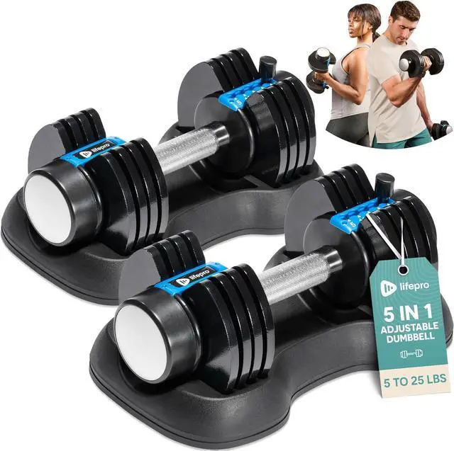 Main image of Lifepro Adjustable Dumbbells Set - 5in1-15lb 25lb 43lb weights Set & Single with Rack - Quick Adjust, Secure Grip - Compact Hand Weights for Men Women Home Gym
