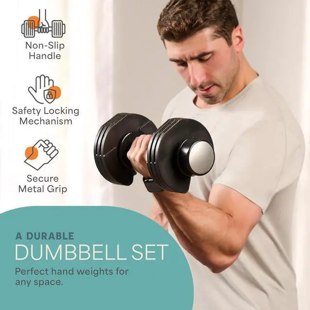 Alt view image 5 of 7 - Lifepro Adjustable Dumbbells Set - 5in1-15lb 25lb 43lb weights Set & Single with Rack - Quick Adjust, Secure Grip - Compact Hand Weights for Men Women Home Gym