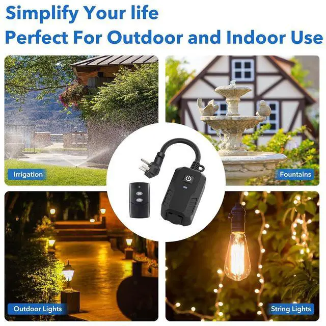 Alt view image 7 of 7 - BN-LINK Outdoor Remote Control Outlet Plug Black,Indoor Wireless Outlet Switch Weatherproof Heavy Duty 15A 3-Prong 6-inch Cord 100Ft Range (Battery Included)