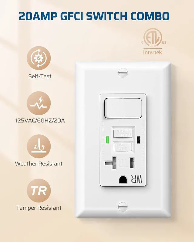 Alt view image 4 of 7 - DEWENWILS 20A GFCI Switch Outlet Combo, Tamper-Resistant GFCI Electrical Outlet, 20 Amp GFCI Outlet, Weather Resistant Ground Fault Circuit Interrupter, Self-Test with LED Indicator, ETL Listed, White