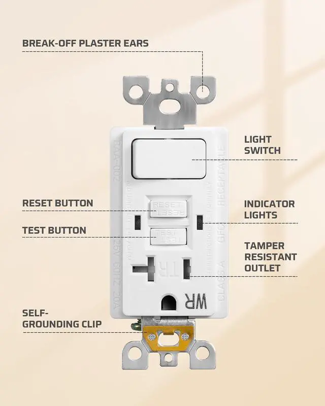 Alt view image 7 of 7 - DEWENWILS 20A GFCI Switch Outlet Combo, Tamper-Resistant GFCI Electrical Outlet, 20 Amp GFCI Outlet, Weather Resistant Ground Fault Circuit Interrupter, Self-Test with LED Indicator, ETL Listed, White
