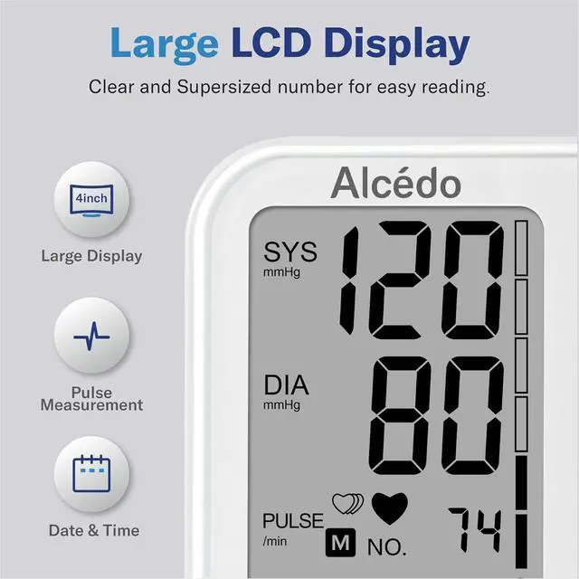 Alt view image 4 of 7 - Alcedo Blood Pressure Monitor for Home Use, Automatic Digital BP Machine with Large Cuff for Upper Arm, LCD Screen, 2x120 Memory, Talking Function